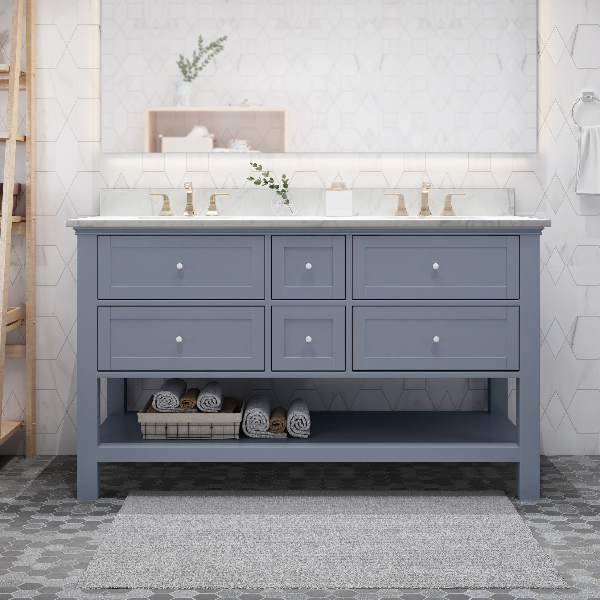 61'' Bathroom Vanity With Marble Top & Double Ceramic Sinks, 4 Drawers, Open Shelf, Gray Gray Plywood