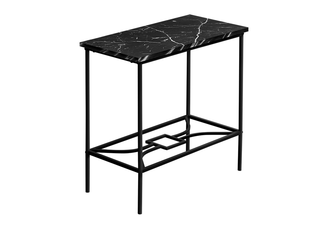 Accent Table, Side, End, Narrow, Small, 2 Tier, Living Room, Bedroom, Black Marble Look Laminate, Black Metal, Contemporary, Modern Black Mdf