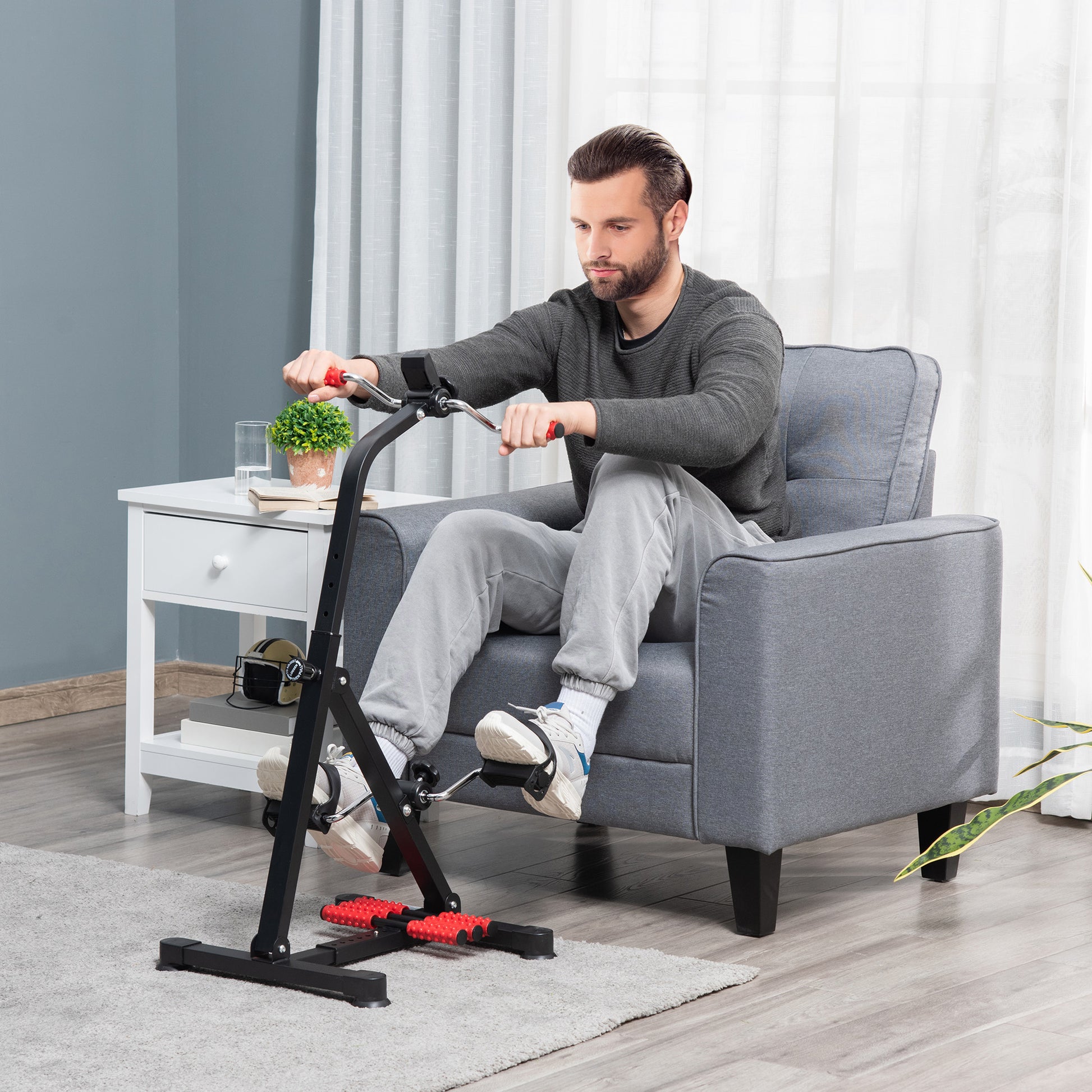Soozier Pedal Exerciser, Hand Arm Knee And Leg Exercise Machine For Seniors, Height Adjustable, With Lcd Display And Foot Massage Roller Black Red Steel