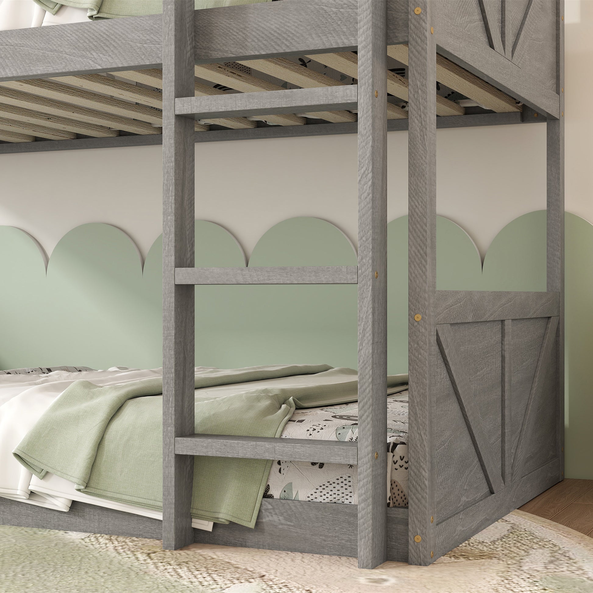 Twin Over Twin Floor Bunk Bed With Panelled Headboard And Footboard, Solid Rubber Wood Foundation With Safety Guardrails, Built In Ladder,Antique White Twin Antique White Rubber Wood