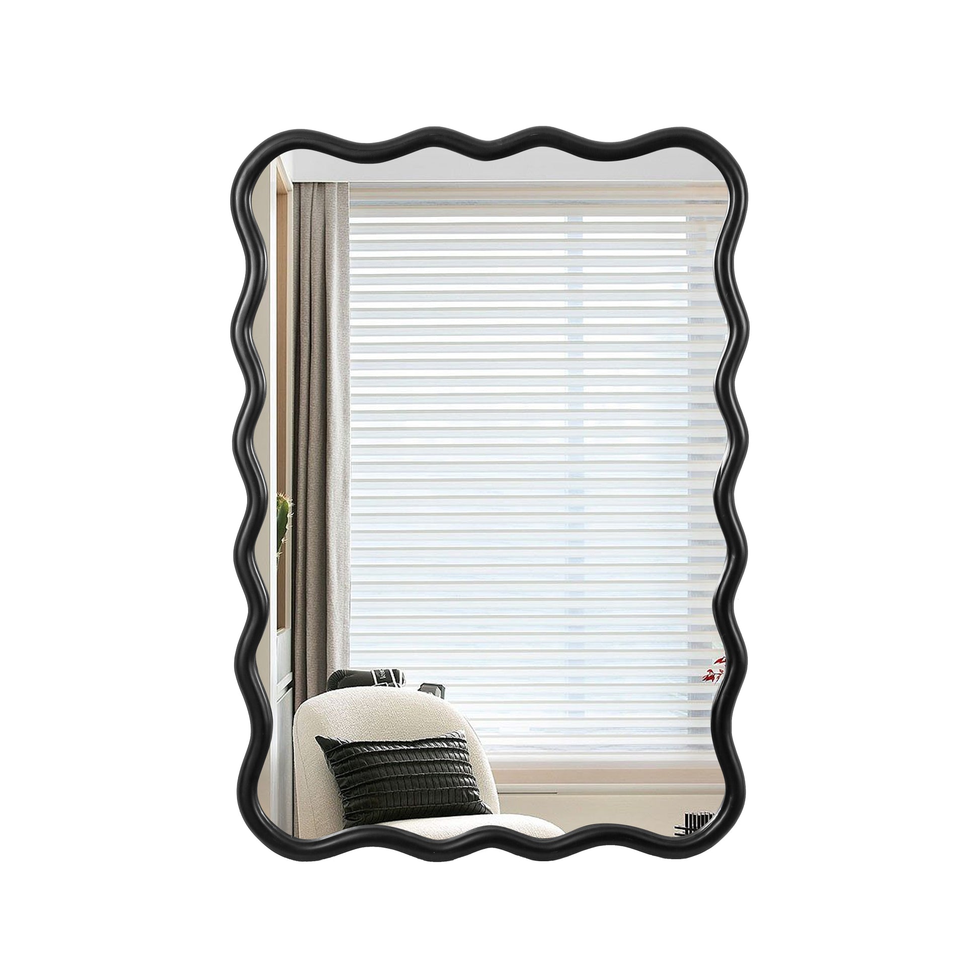 Solid Wood Wavy Rectangle Mirror Black 40" X 28" Modern Mirror Wall Decor For Bathroom, Bedroom, Living Room, Dining Room, Cloakroom, Entryway Antique Black Glass Solid Wood