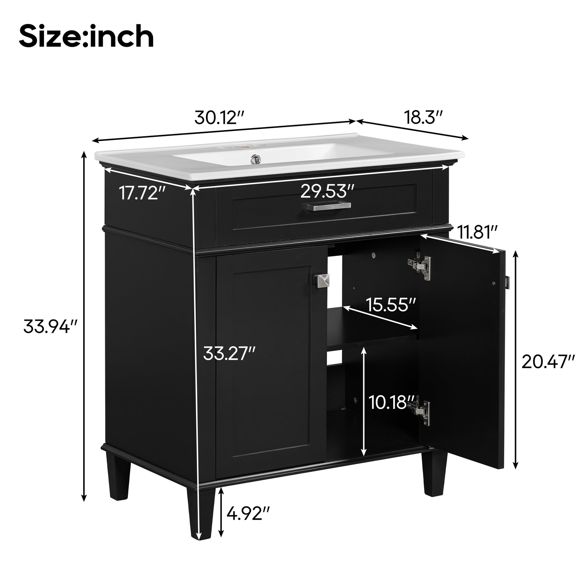 30 Inch Bathroom Vanity With Ceramic Basin, Soft Close Door And Adjustable Shelves Black Bathroom Solid Wood Mdf