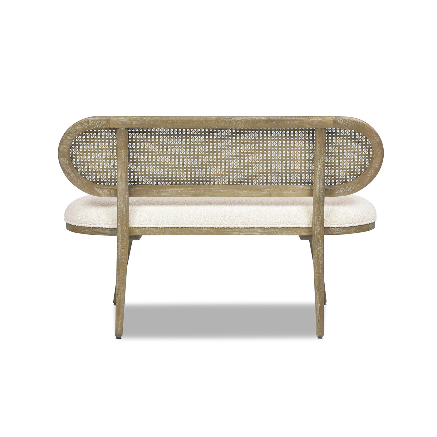 Havana 42" Cane Rattan Upholstered Bench Settee, Ivory White Boucle White Foam Wood Fabric Rattan