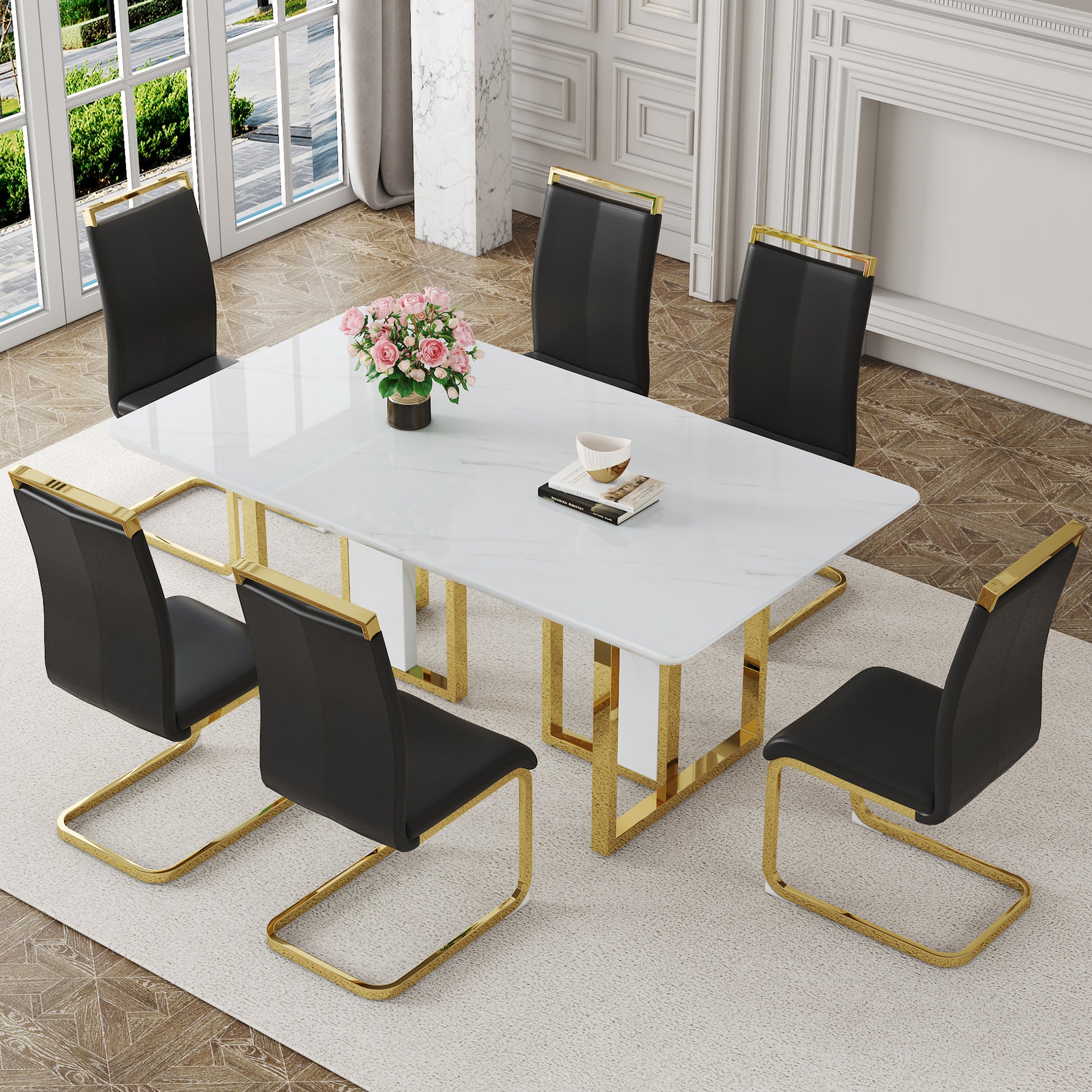 Table And Chair Set.67"X36" White Marble Pattern Mdf Dining Table Set With 6 Black Pu Chairs.Mdf Sticker,White Marble Pattern Sticker,Gold C Tube Chair Legs,Suitable For Kitchen,Dining Room,Etc.