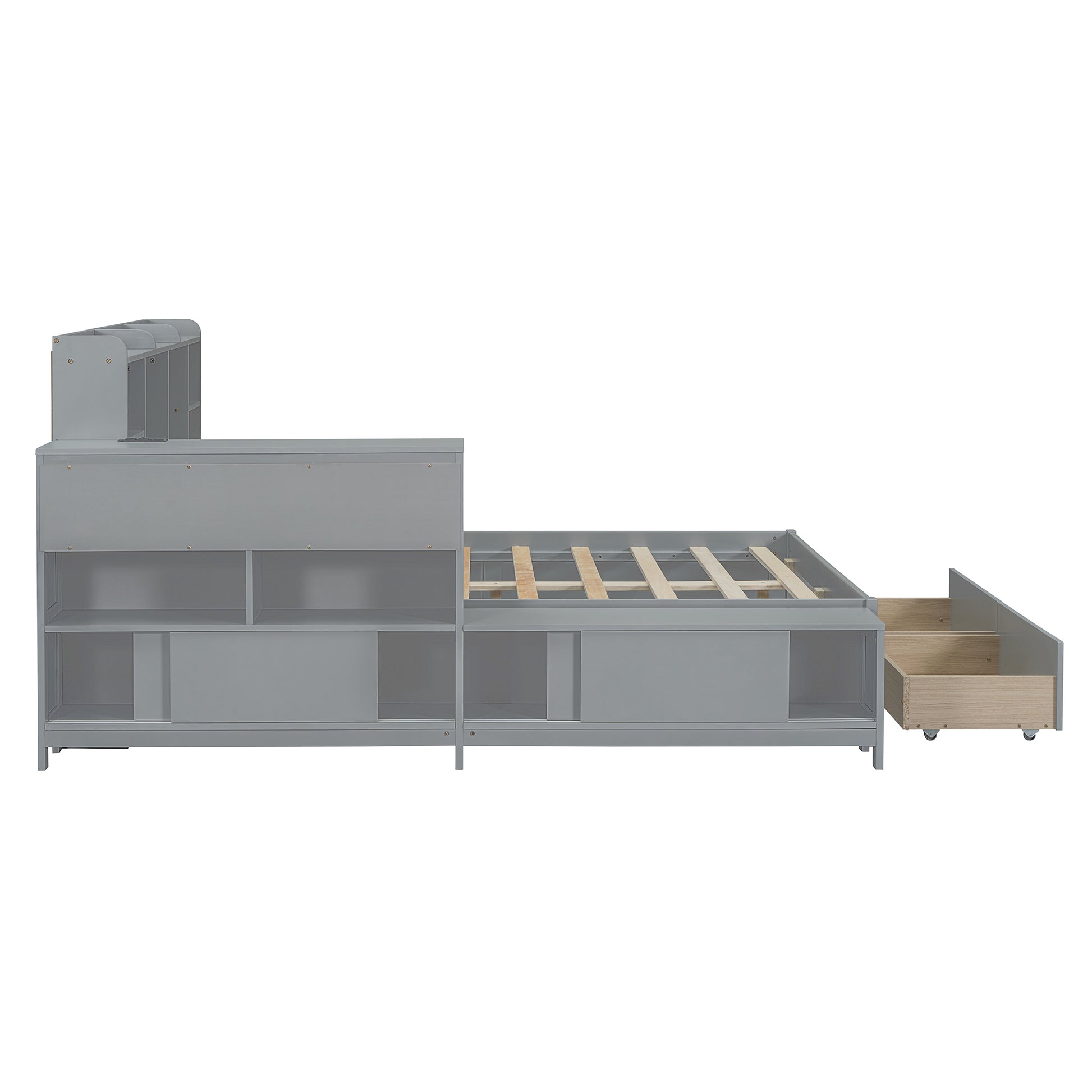 Full Size Wooden Platform Bed With Multi Functional Storage Space, Nightstand, 2 Drawers, Usb Ports And Desk, Gray Full Gray Wood