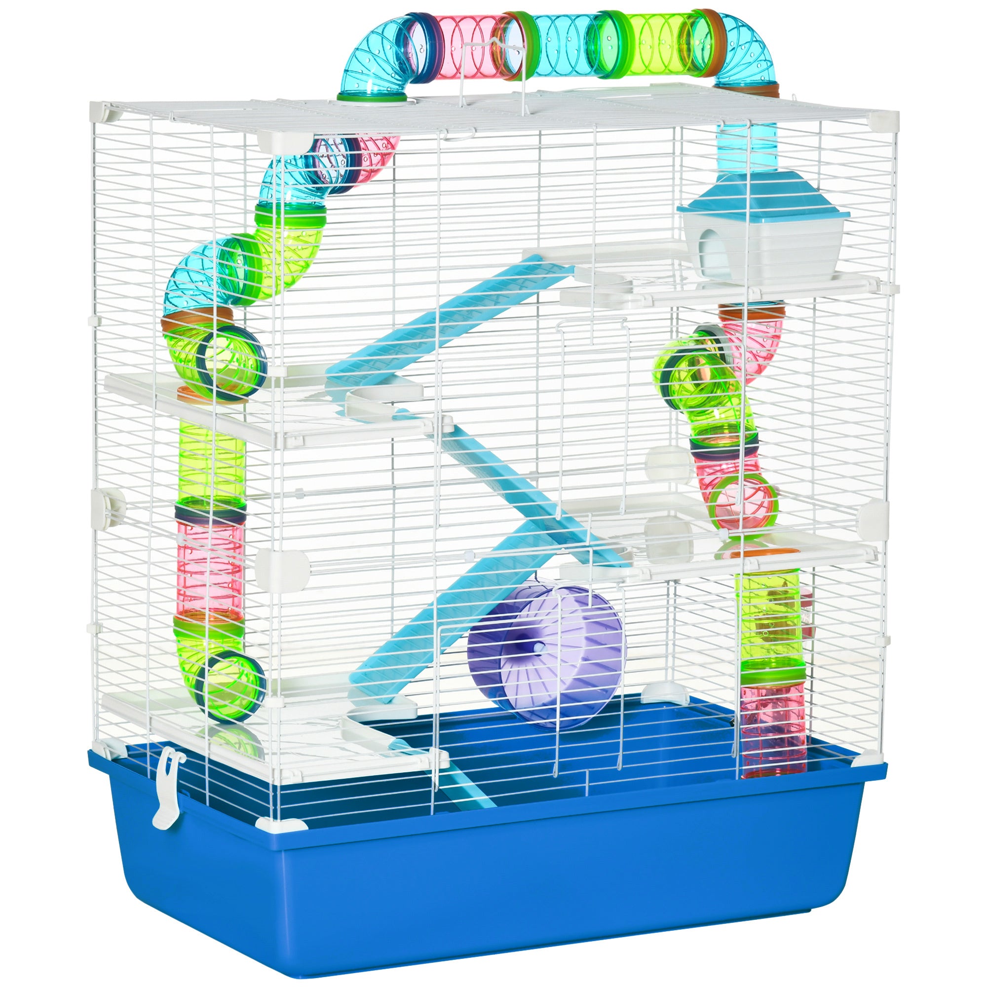 Pawhut Extra Large 23" Hamster Cage With Tubes And Tunnels, Portable Carry Handles, Rat House And Habitats Big 5 Tier Design, Includes Exercise Wheel, Water Bottle, Food Dish, Blue Blue Steel