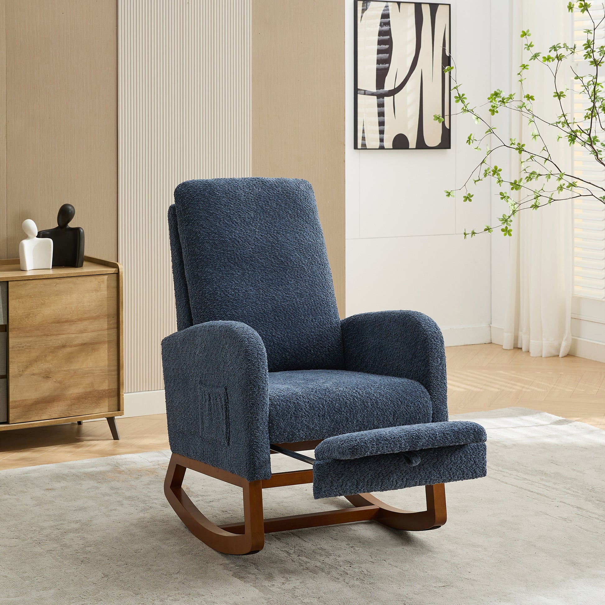 25.4"W Rocking Chair For Nursery, High Back Glider Chair With Retractable Footrest, Side Pocket, Rocking Accent Armchair With Rubber Wood Legs For Living Room Bedroom.Navy Navy Boucle