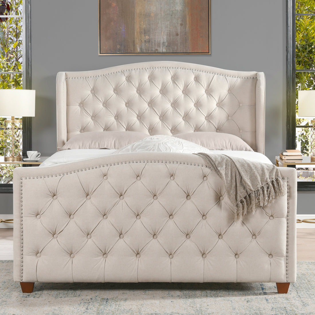 Marcella Upholstered Shelter Headboard Bed Set, Queen, Sky Neutral Beige Polyester Box Spring Required Queen Beige Wood Foam Polyester Polyester