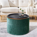 2 Piece Set Round Chenille Storage Ottoman, Equipped With A Drum Shaped Small Stool, Storage Space, And Mdf Made Desktop Panel Dark Green23.62