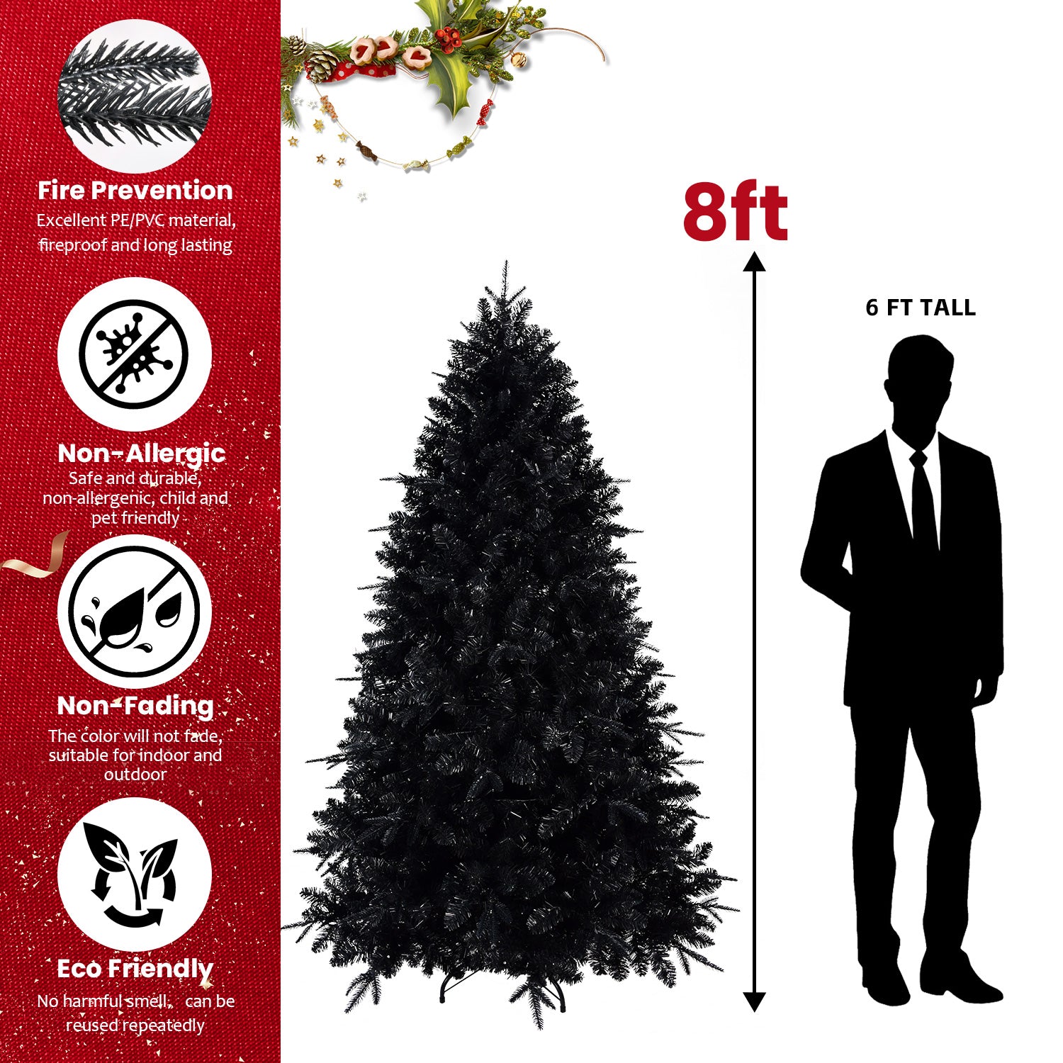 8Ft Pre Lit Black Christmas Tree, Full Halloween Xmas Artificial Tree 2486 Branch Tips, 600 Lights, Metal Hinges, Foldable Base, Holiday Decoration Black Black Polyvinyl Chloride