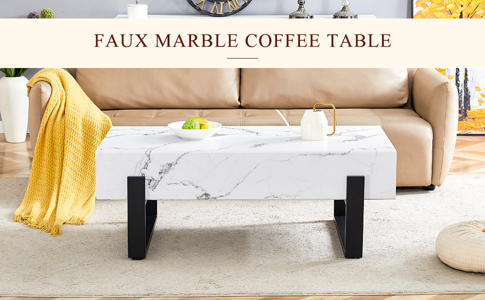 47.2"X23.6" Black And White Minimalist Mdf Marble Patterned Coffee Table.White Marble Pattern Sticker,Black Metal Leg Spray Coating,Mdf Coffee Table.Showcasing A Modern And Simple Style. White Black