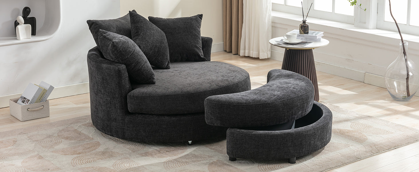 Orisfur. 360 Swivel Accent Barrel Chair With Storage Ottoman & 4 Pillows, Modern Chenille Leisure Chair Round Accent For Living Room, Gray Gray Foam Chenille
