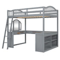 Full Wooden Loft Bed With U Shaped Desk,Storage Compartments And Tri Fold Mirror, Gray Gray Plywood,Solid Wood Mdf