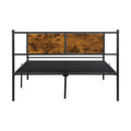 King Size Metal Bedframe,Headboard With Wood Panel Decoration,Black Black Brown Metal