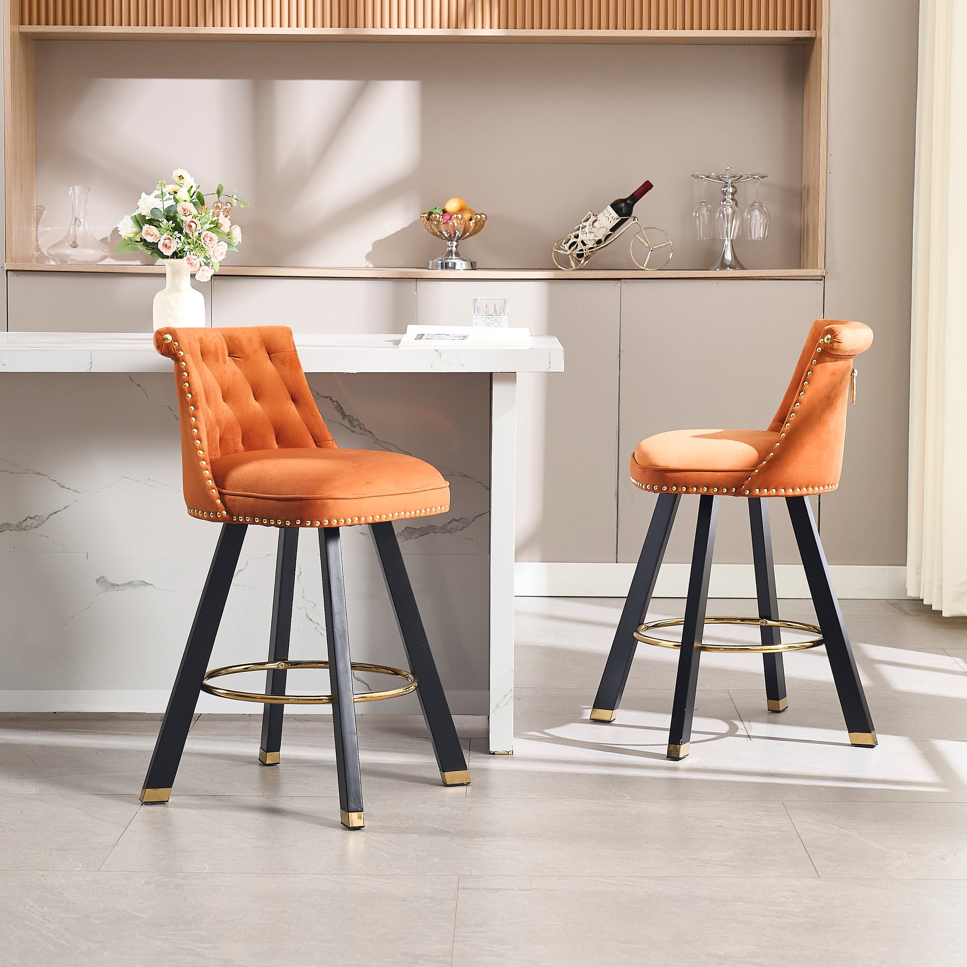 Coolmore Set Of 2,Back Pull Point Design, Velvet Material, 360 Degree Rotation, Back Pull Loop Detachable Design, Rivet Decoration, Square Foot Wooden Bar Chair Orange Velvet