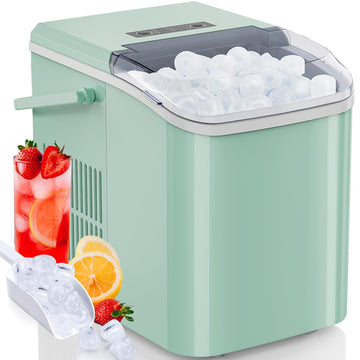 Countertop Ice Maker Machine Self Cleaning, Fast Making 9 Ice Cubes In 6 Minutes, 26.5Lbs 24Hrs, 2 Sizes Bullet Ice, Portable Ice Machine With Ice Scoop, Basket And Handle, Green Green Plastic