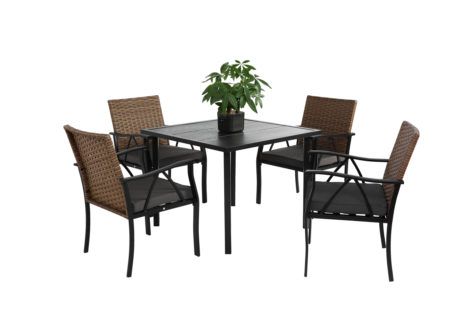 5 Piece Wicker Outdoor Table And Chairs, Patio Dining Set W Square Steel Tabletop And Umbrella Hole, Patio Table And Chairs Set For Backyard Deck Balcony Front Porch Brown Gray Cotton Steel