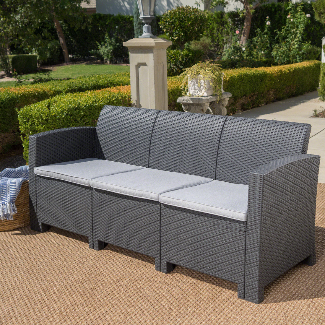 67.7" Outdoor 3 Seater Faux Wicker Rattan Style Sofa With Water Resistant Cushions, Charcoal Light Grey Grey Fabric