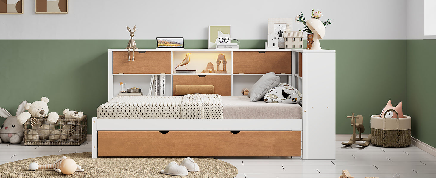 L Shaped Bed Frame With Trundle And And Bookcase,Corner Bed Wooden Captain Bed With Led Downlight And Usb Port For Small Room,Bedroom, Guest Room, Full Size, Walnut And White Box Spring Not Required Full White Walnut Wood Bedroom Modern Pine Bed Frame