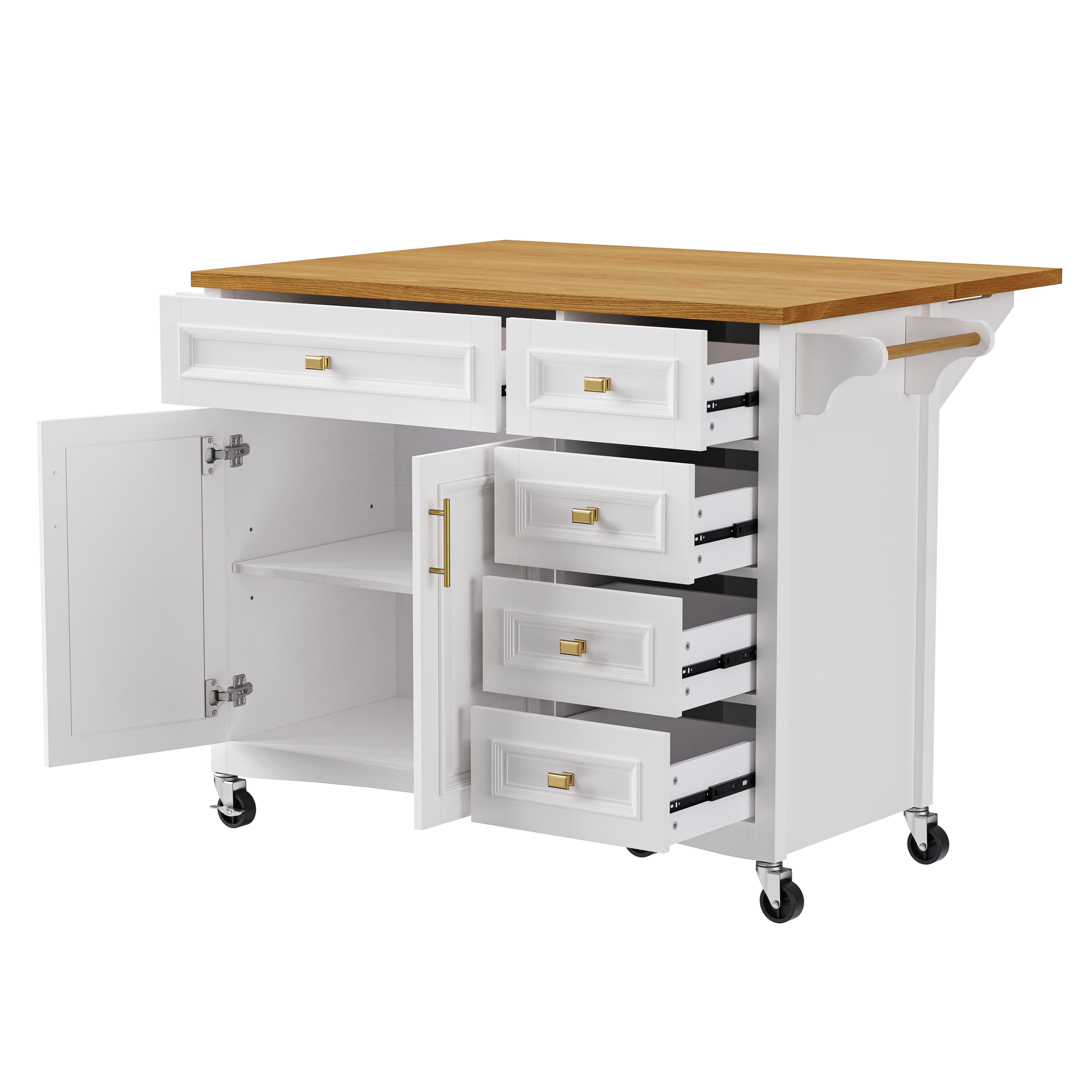 K&K 52'' Kitchen Island With Drop Leaf, Embossed Texture Kitchen Island On Wheels With Spice Rack, Towel Rack, 2 Doors And 5 Drawers, Kitchen Storage Cart With Adjustable Shelf For Kitchen, White