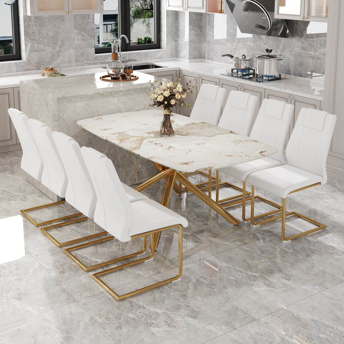 Table And Chair Set.Modern Luxurious Tempered Glass Dining Table Set With Gold Metal Legs And 8 Pu Chairs.White Marble Patterned Sticker Tabletop,White Chairs With Gold Metal Legs. White Gold Seats