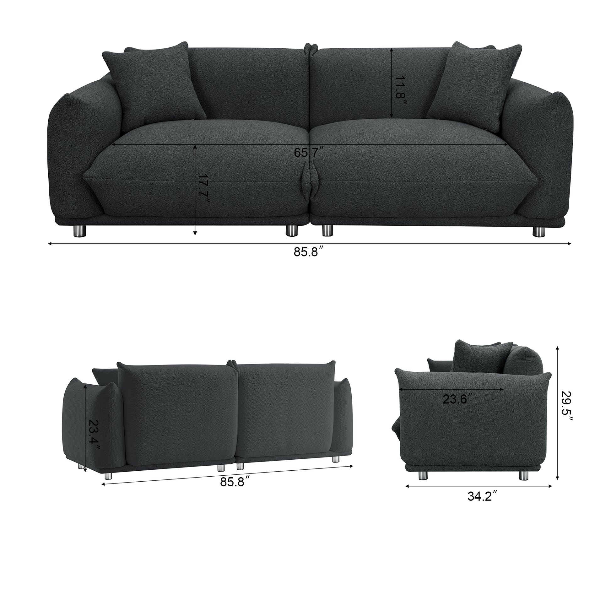 Oversized Loveseat Sofa For Living Room, Sherpa Sofa With Metal Legs, 3 Seater Sofa, Solid Wood Frame Couch With 2 Pillows, For Apartment Office Living Room Black Black Foam Fabric 3 Seat