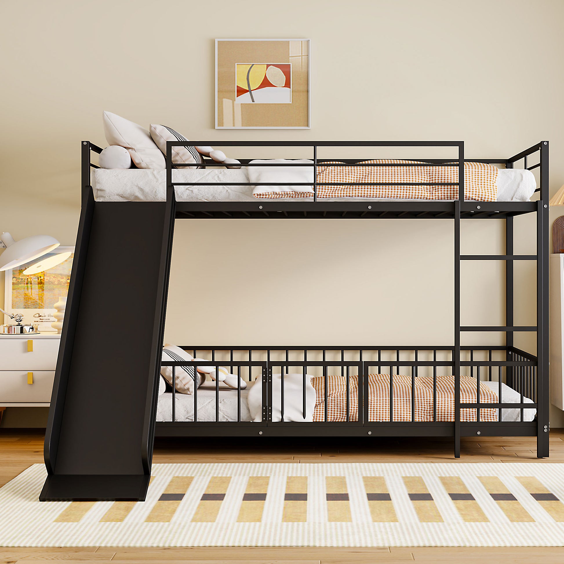 Twin Over Twin Size Metal Bunk Bed With Slide And Guardrails, Black Twin Black Metal