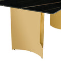 Table And Chair Set.The Table Has A Glass Top With Imitation Marble Pattern Stickers And Stainless Steel Golden Legs. Paried With Chairs With Pu Artificial Leather Backrest Cushions And Black Legs. Black Gold Seats 8 Glass Metal
