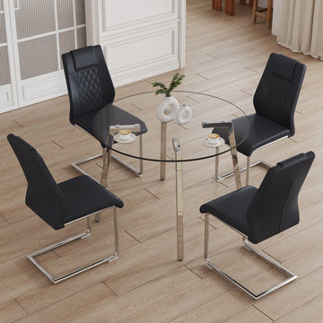 Table And Chair Set.A Modern Minimalist Style Round Clear Tempered Glass Table With Silver Metal Legs.Paried With 4 Chairs With Modern Pu Leather High Back Upholstered And C Tube Chrome Legs. Black,Silver Seats 4 Glass Metal