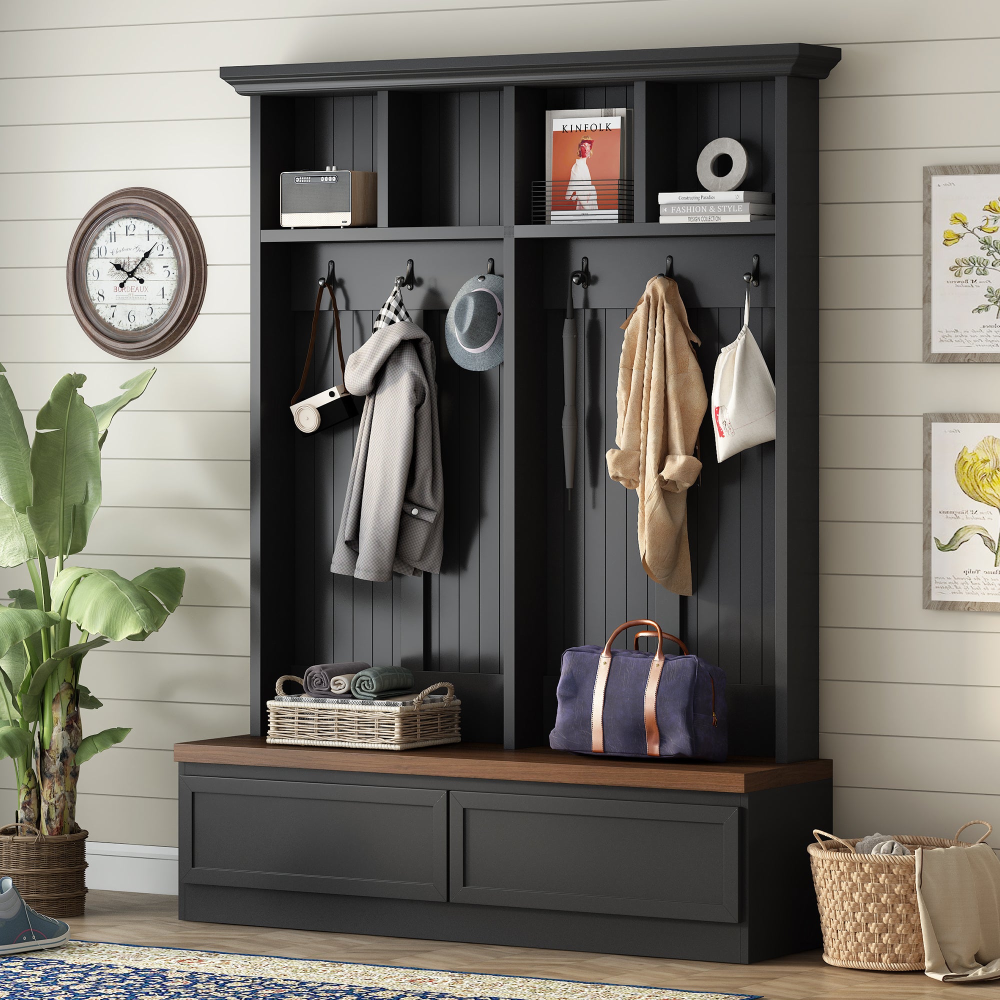 Farmhouse 4 In 1 Hall Tree With Wood Grain Bench, Mudroom Versatile Coat Rack With 2 Large Drawers, Large Entrance Organizer With 6 Black Hooks For Hallway, Living Room, Black, 55.9"Wx75.6"H Black