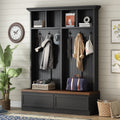 Farmhouse 4 In 1 Hall Tree With Wood Grain Bench, Mudroom Versatile Coat Rack With 2 Large Drawers, Large Entrance Organizer With 6 Black Hooks For Hallway, Living Room, Black, 55.9