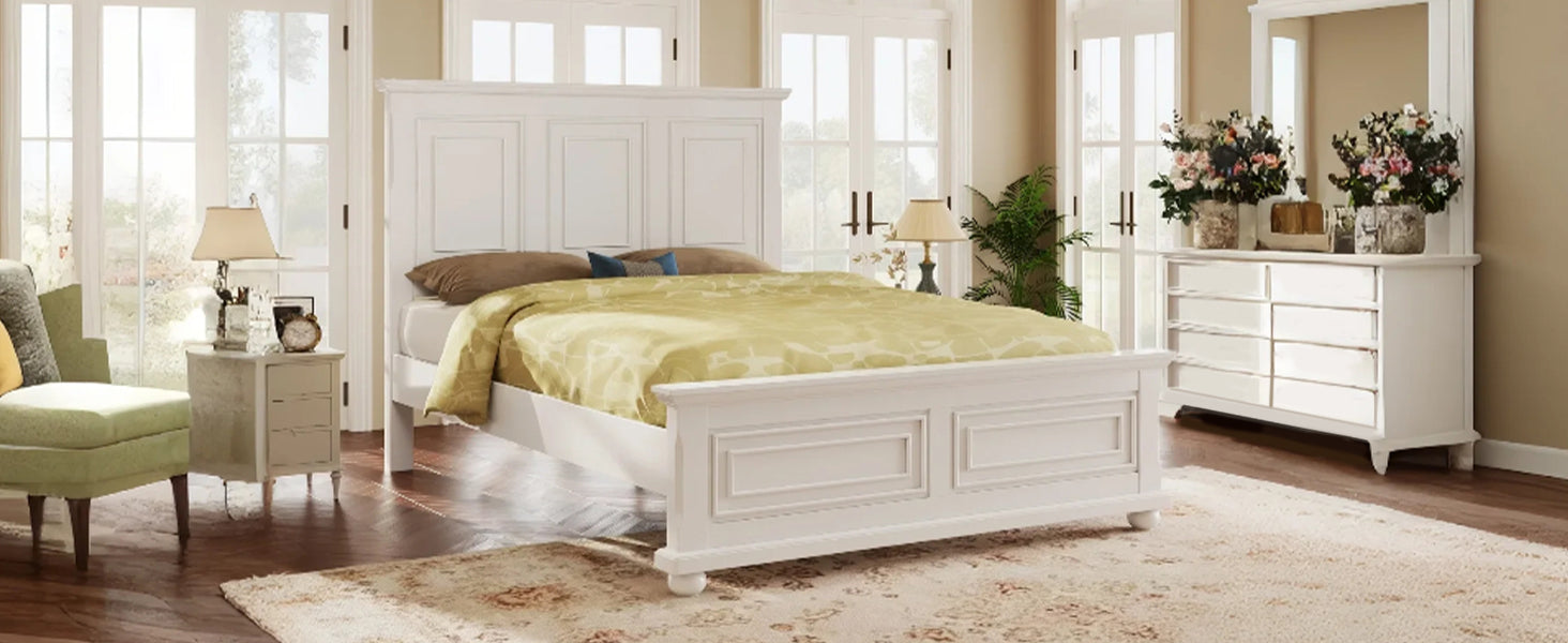 Traditional Town And Country Style Pinewood Vintage King Bed, White King White Pine