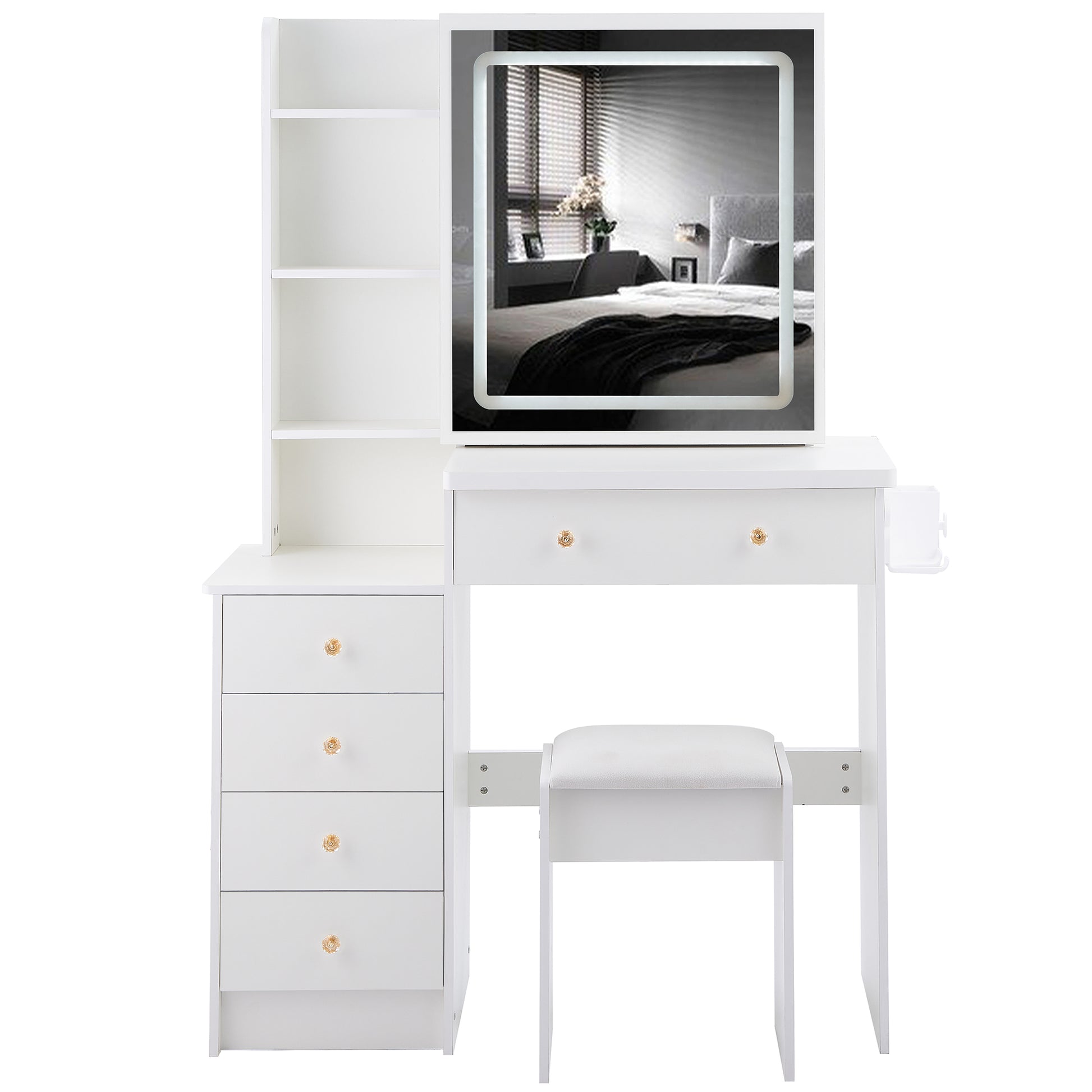 37" Middle Size Left Bedside Cabinet Vanity Table Cushioned Stool Dresser Set, 2 Ac 2 Usb Socket, Hair Dryer Stand, Large Touch Control Led Sliding Mirror, 3 Color Switch, Epa, Gcc, Ul Certificate