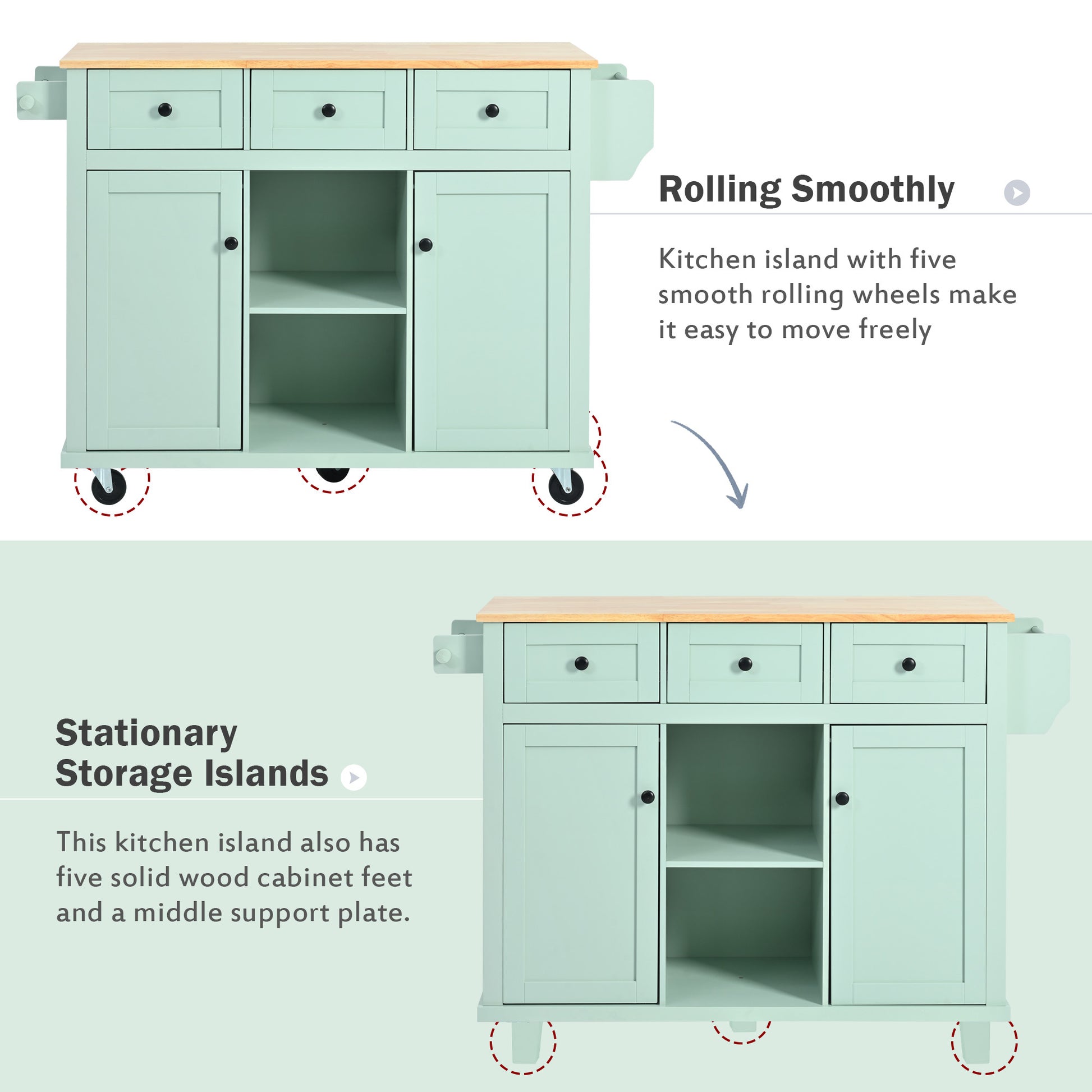 Kitchen Cart With Rubber Wood Drop Leaf Countertop ,Cabinet Door Internal Storage Racks,Kitchen Island On 5 Wheels With Storage Cabinet And 3 Drawers For Dinning Room, Mint Green Mint Green Kitchen American Design,American Traditional,Antique Rectangular