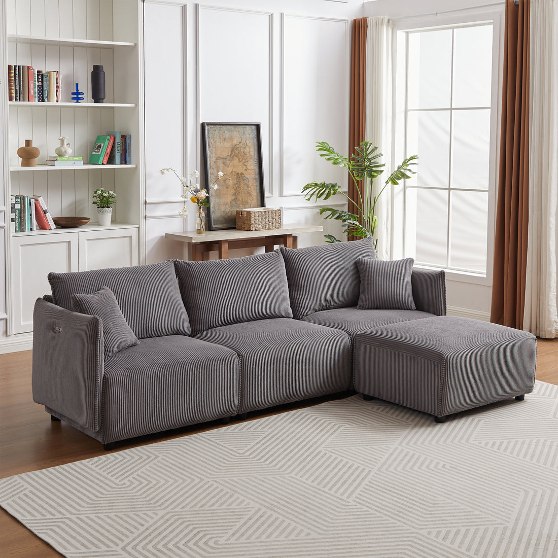 106" Multi Module Combination Style Sofa For Living Room, Bedroom And Other Lounge Spaces, Modern Minimalist Corduroy Combination Sofa With 2 Comfort Cushions With Usb & C Charging Ports Gray Gray Foam Fabric 4 Seat