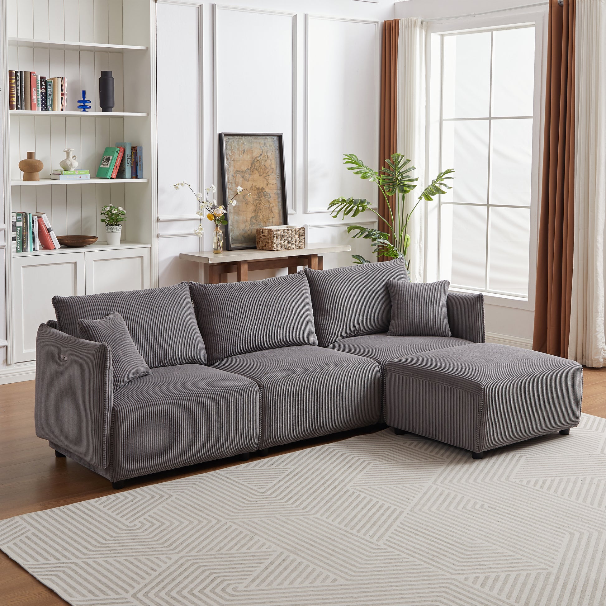 Multi Module Combination Style Sofa For Living Room, Bedroom And Other Lounge Spaces, Modern Minimalist Corduroy Combination Sofa With 2 Comfort Cushions With Usb & C Charging Ports,Gray,Two Sets Gray Foam Fabric 8 Seat