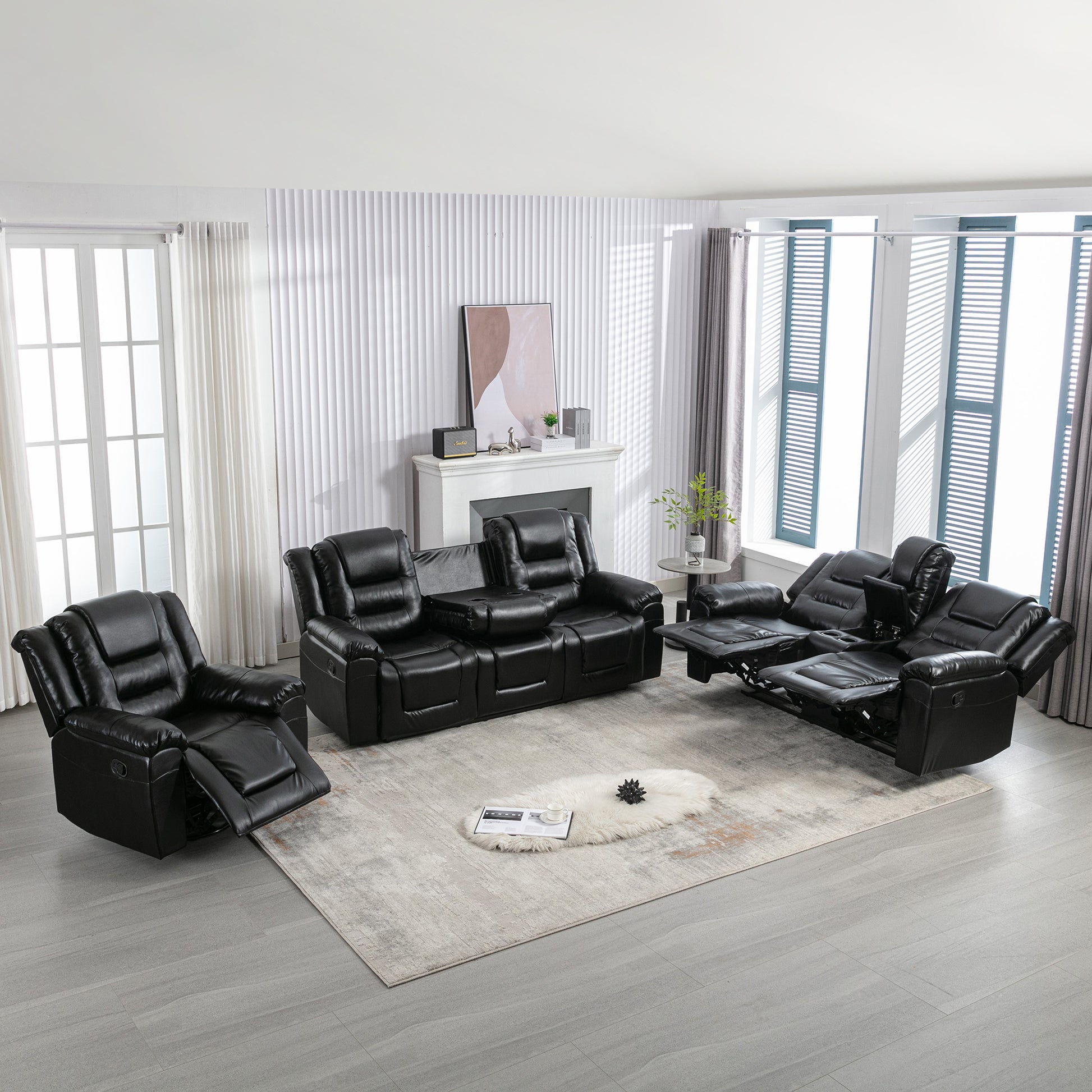 Home Theater Recliner Set Manual Recliner Chair With Wide Armrest, Two Built In Cup Holders For Living Room,Bedroom, Black Old Sku:Sg000760Aab Black Foam Pu Leather