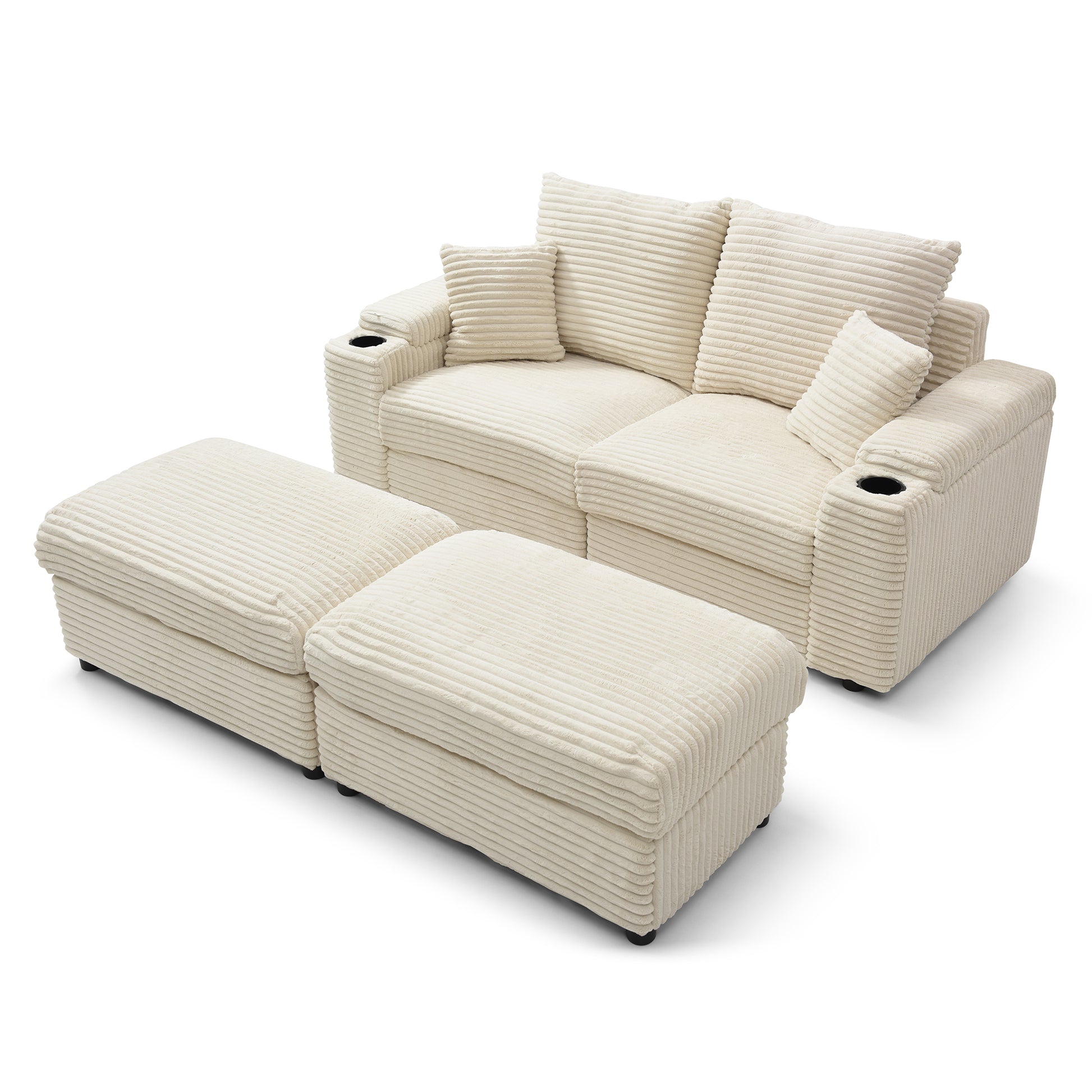 Loveseat With Ottomans,Corduroy Fabric Modular Sectional Sofa,Comfy Deep Plush Couch With Ottomans And Two Pillows,For Small Spaces, Living Room,Bedroom, Office, 5 Colors,Cream Cream Wood Primary