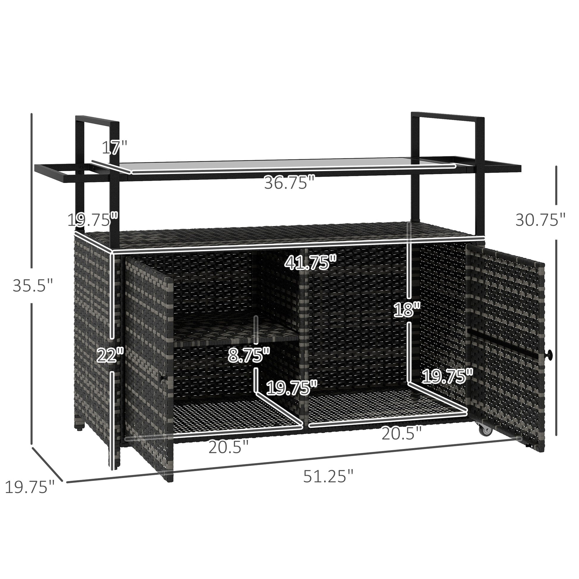 Outsunny Pe Rattan Outdoor Bar Table, Outdoor Kitchen Island With 2 Tier Shelf & Cabinet, Patio Serving Cart With Glass Top, Handles, Towel Racks For Poolside, Garden, Mixed Gray Gray Steel