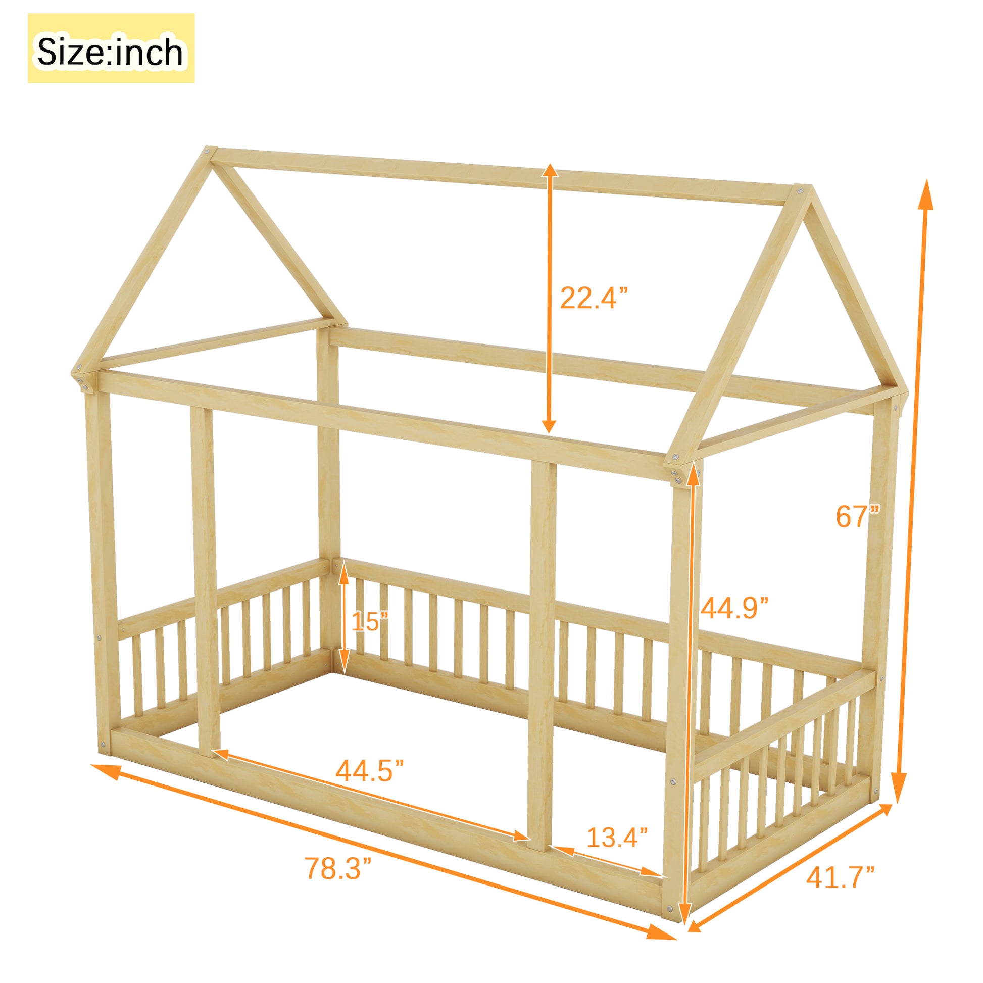 Twin Size Floor Wooden Bed With House Roof Frame And Safety Guardrails,Natural Twin Natural Pine