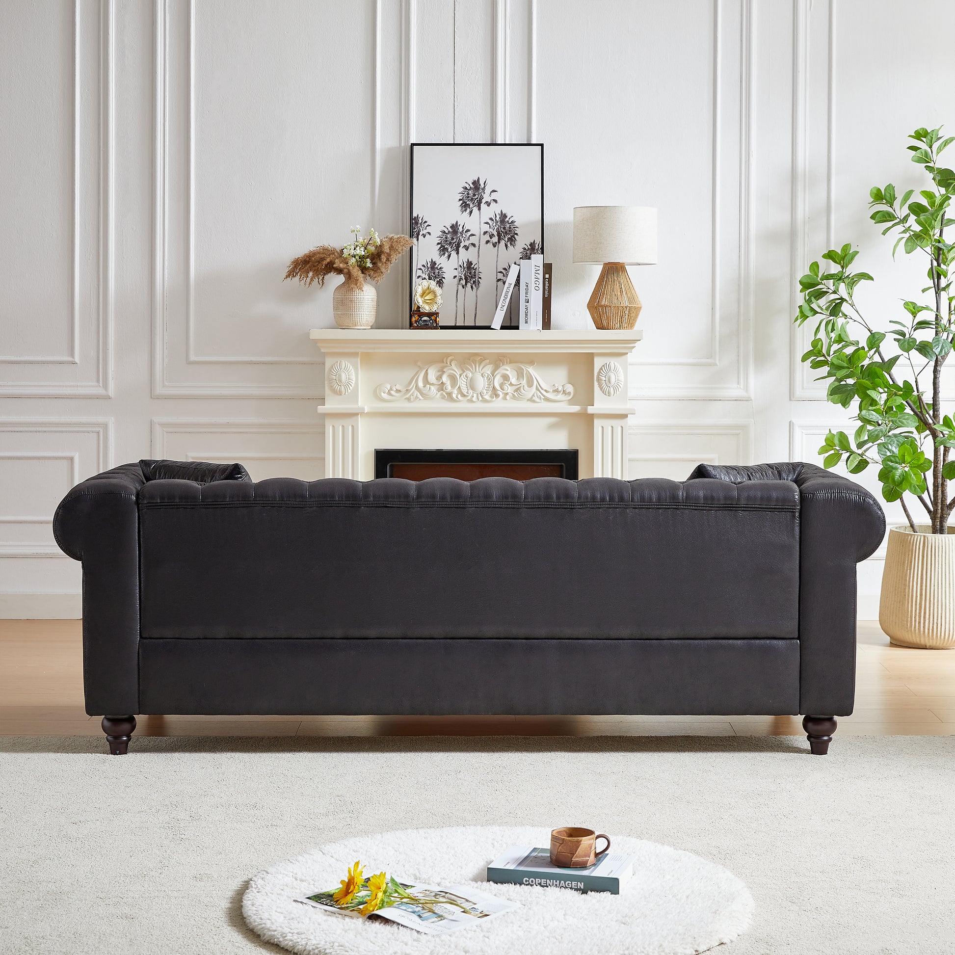 Fx 85.5"Living Room With Tech Fabric Chesterfield Sofa With Rolled Arms 3 Seater Sofa With Button Design And 2 Cushions For Apartment, Office, Living Room Black Wood Primary Living Space Pine Foam Fabric 3 Seat