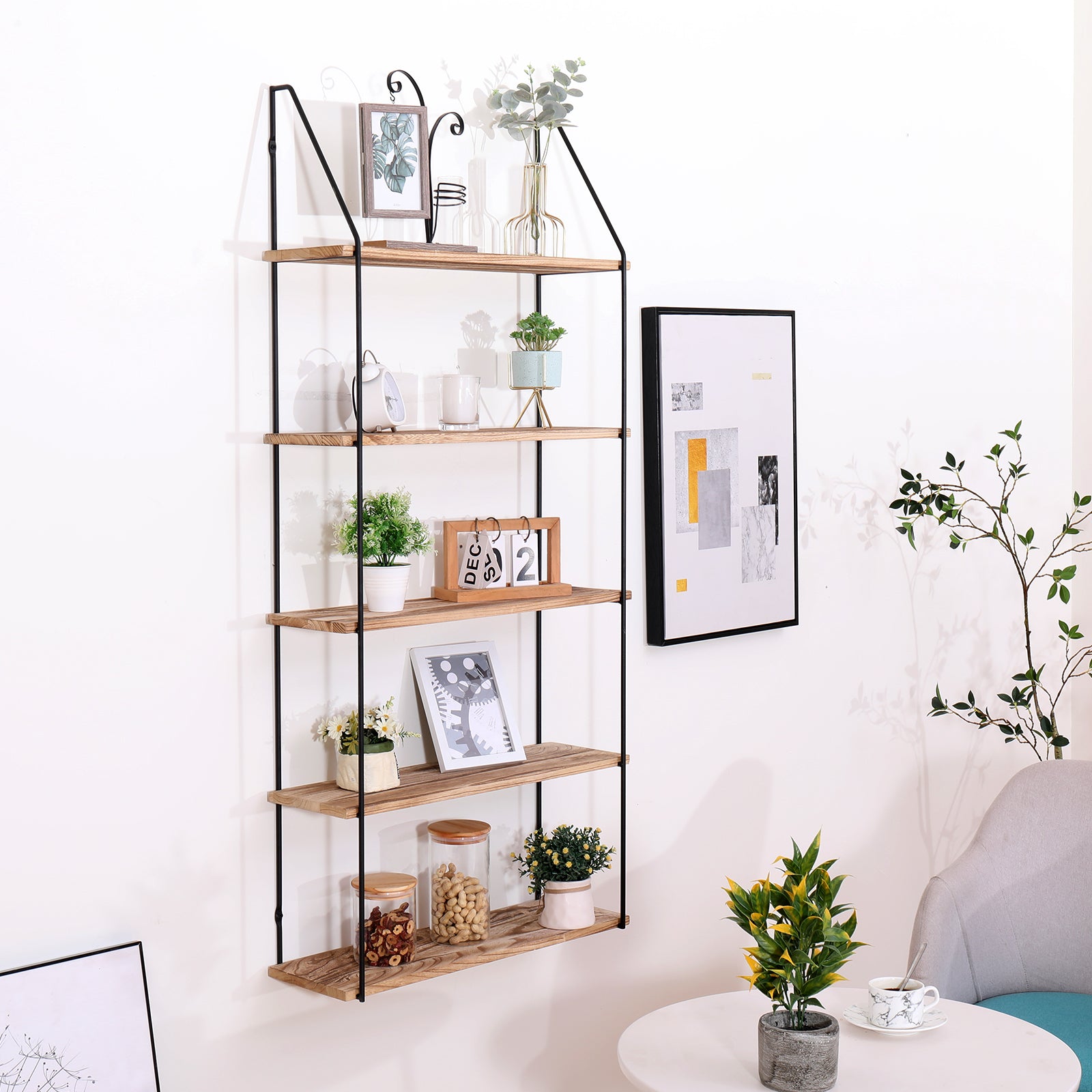 Gardenia Floating Shelf With Metal Brackets, Wall Mounted Rustic Wood Wall Storage, Decorative Hanging Display For Trophy, Photo Frames, Collectibles, And Much More 5 Tier Natural Wood Natural Wood