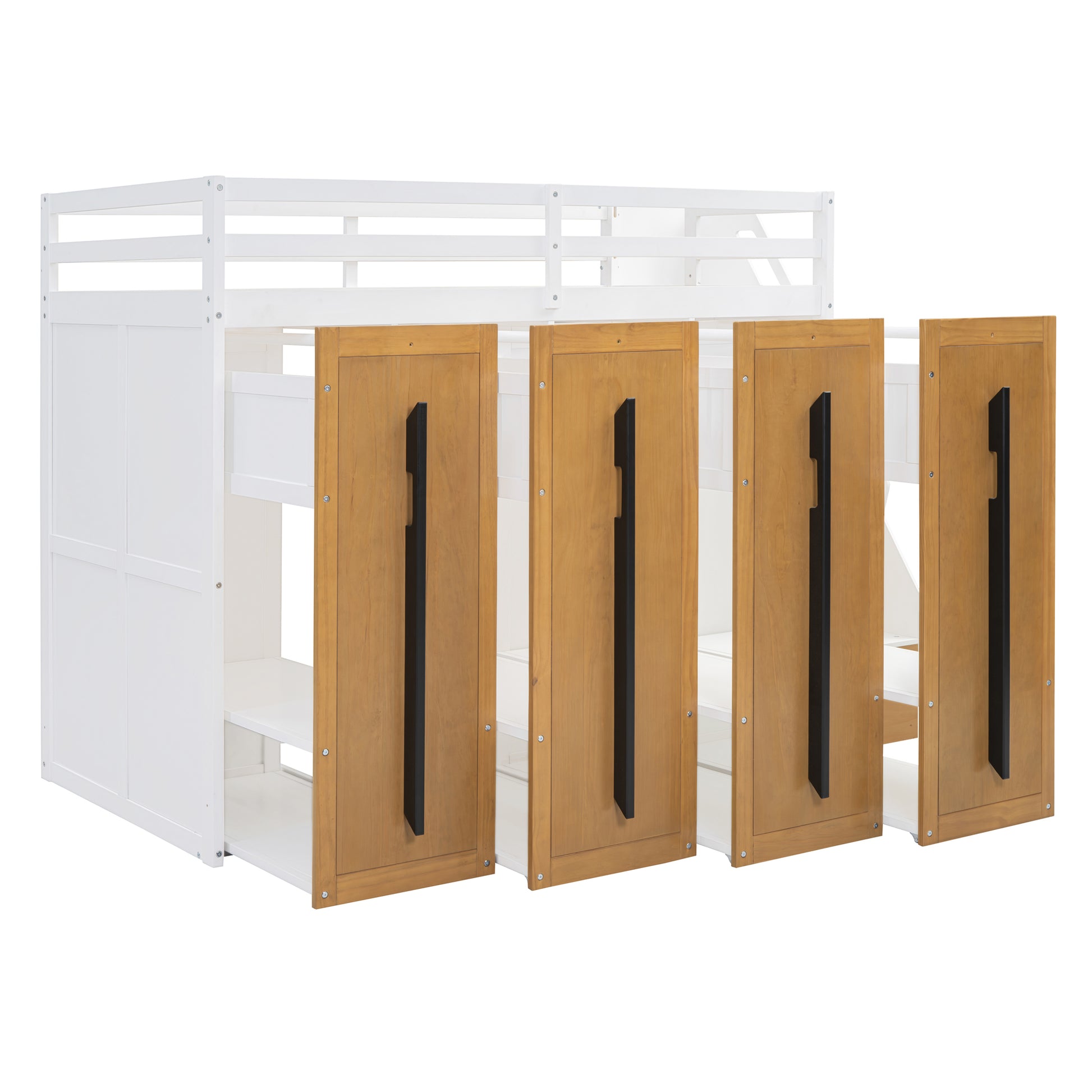 Modern Loft Bed With Two Tone Storage Stairs And Pull Out Wardrobes, White Twin White Solid Wood Mdf