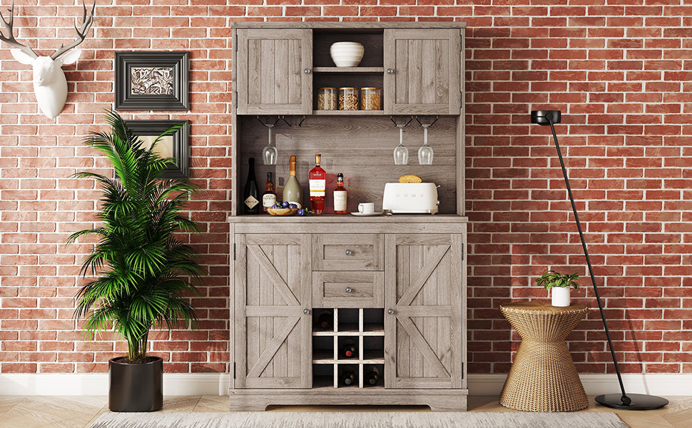 Coffee Bar Cabinet Kitchen Cabinet With Storage, Farmhouse Wine Cabinet With Drawers Shelves And Cabinets, Buffet Cabinet Wine & Glass Racks For Dining Room, Kitchen, Oak Brown Oak Particle Board Mdf