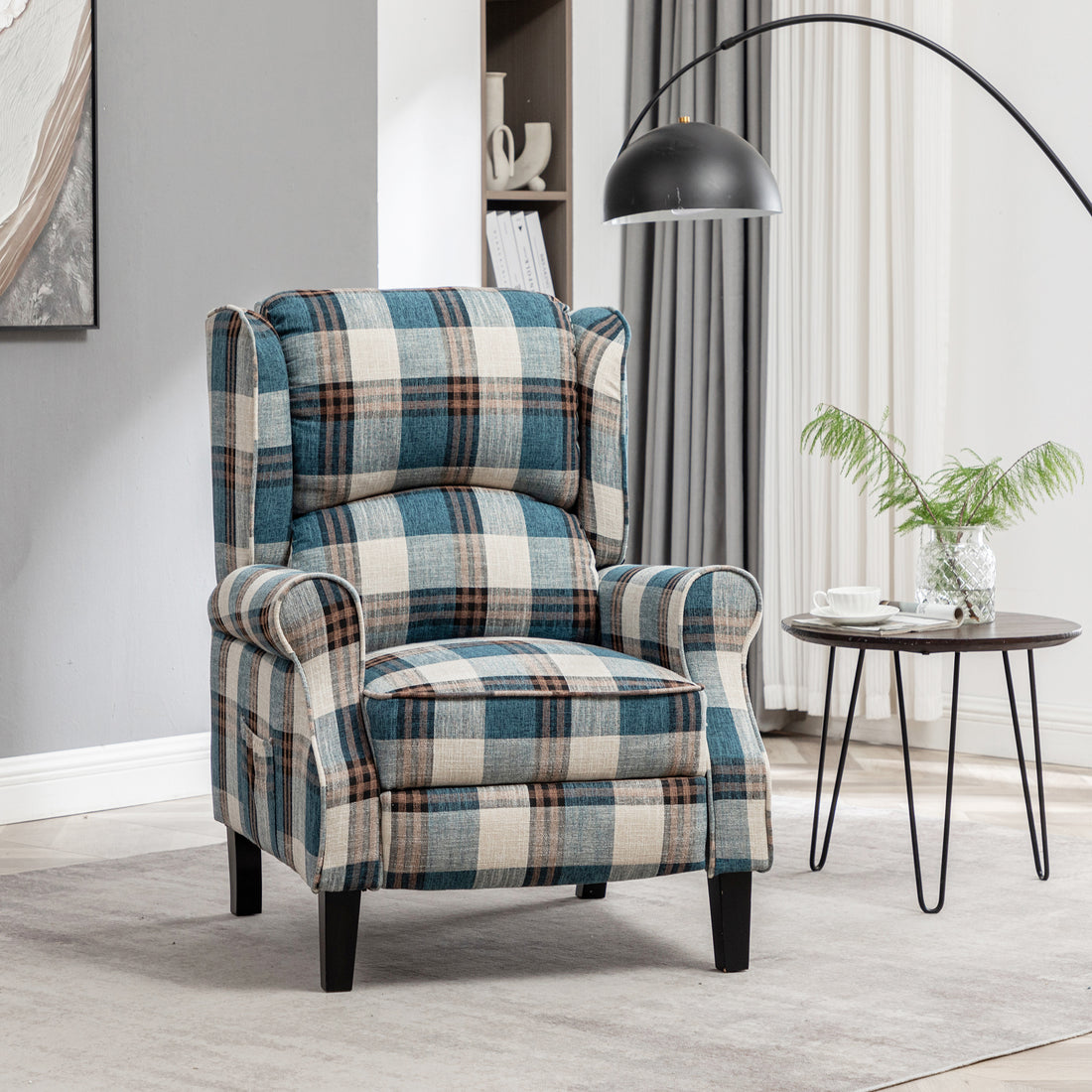 Vintage Armchair Sofa Comfortable Upholstered Leisure Chair Recliner Chair For Living Room Blue Check Blue Fabric 1 Seat