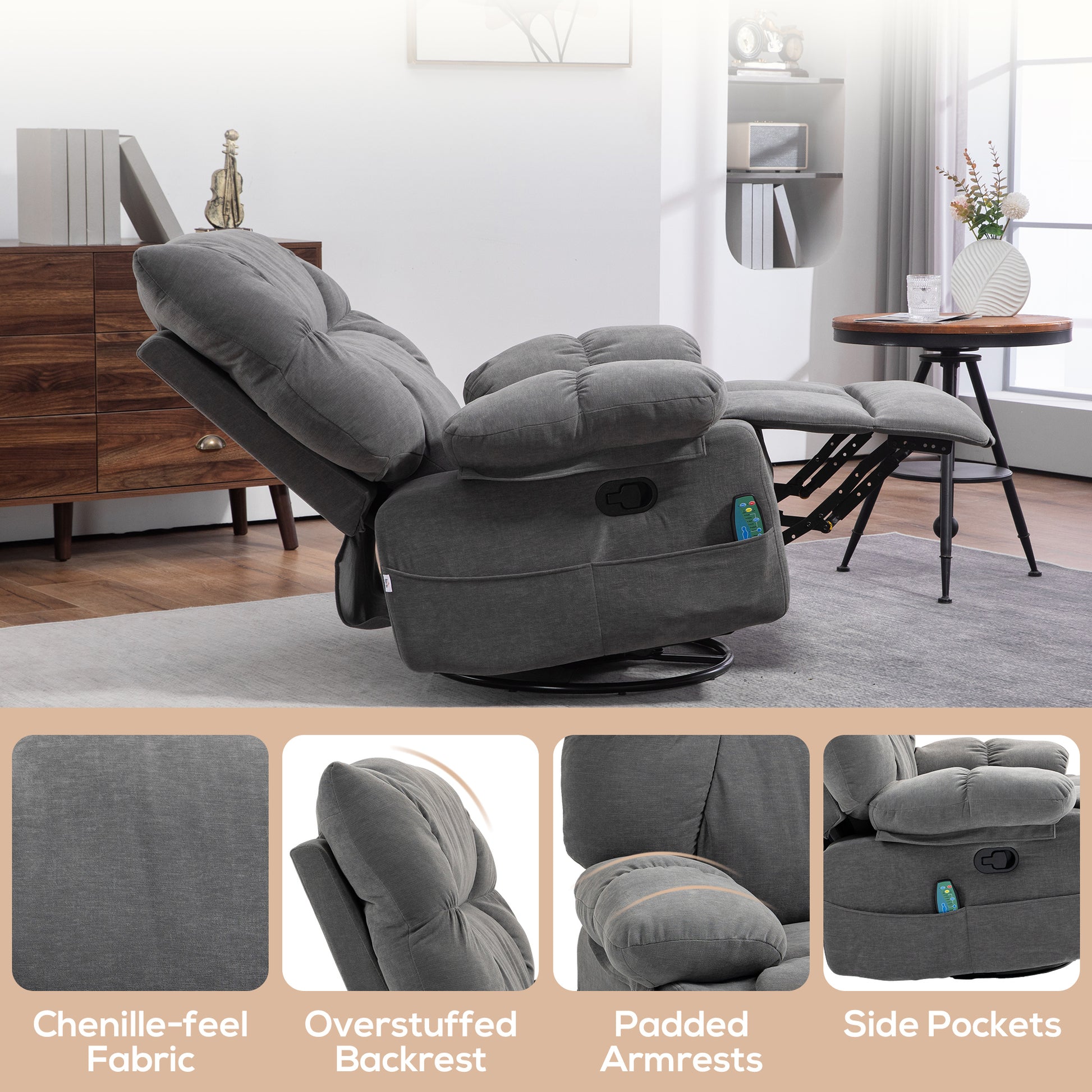 Homcom Vibration Massage Chair Recliner With Heat, Oversized Swivel Rocker Chair, Single Sofa, Teddy Fabric Manual Recliner Chair With Footrest, Remote, And 4 Side Pockets, Dark Gray Dark Gray Polyester