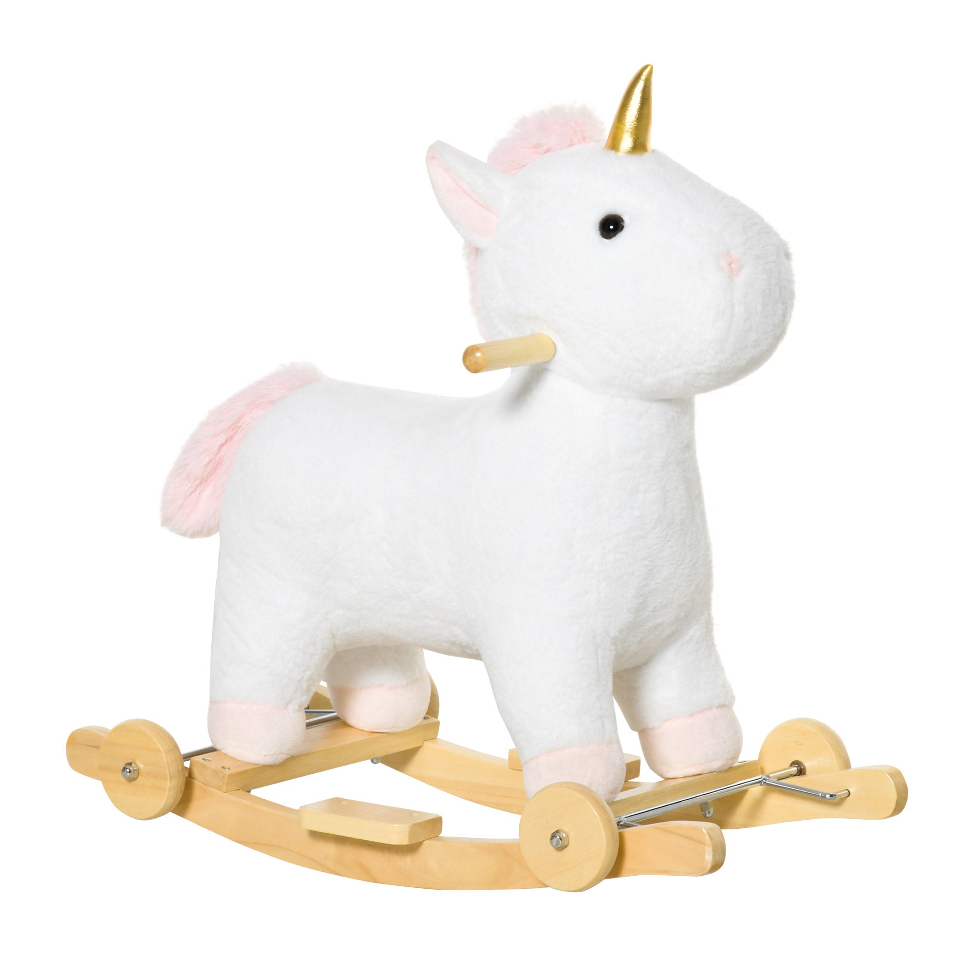 Qaba Rocking Horse, 2 In 1 Kids Ride On Horse, Rolling Unicorn Animal Rocker With Sound, Wooden Base, Pedal, Grip Handle, Plush Riding Pony For 3 6 Years Old, White White Plush