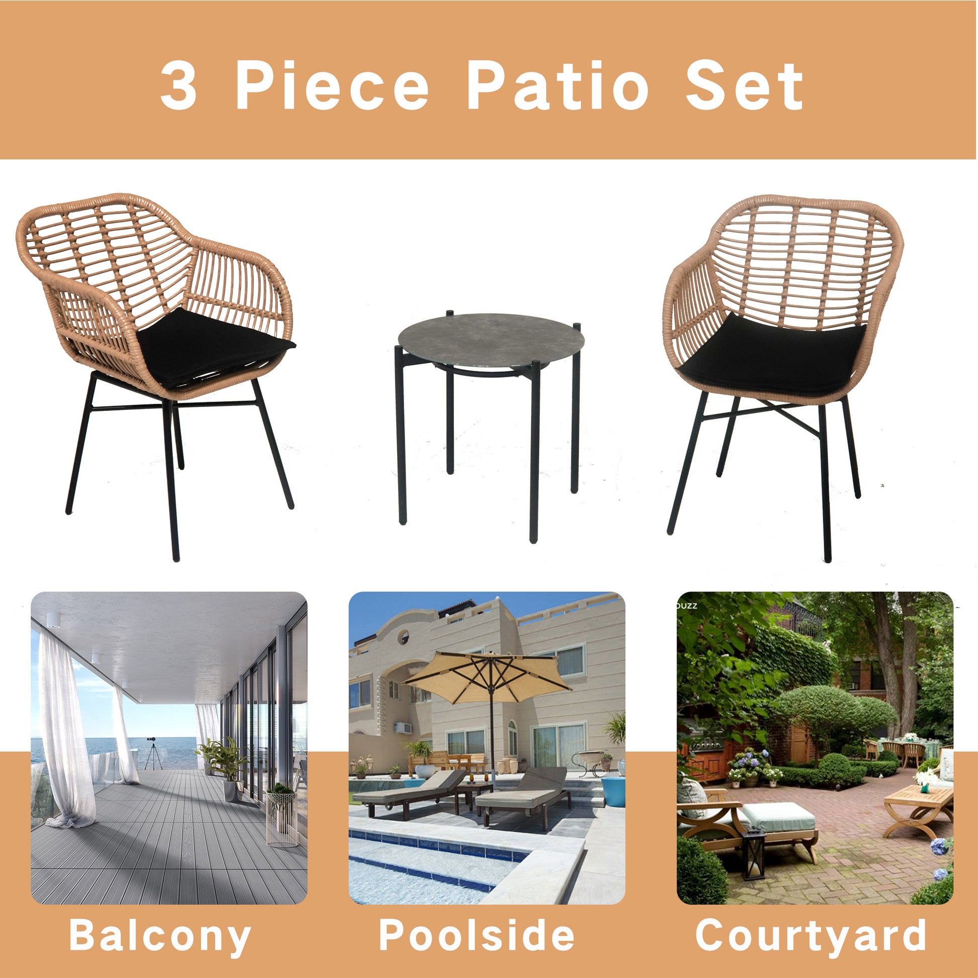 3 Pieces Of Luxury Outdoor Wicker Furniture Patio Bistro Style Table And Chair Combination,Weather Resistant Pe Wicker Weave, Stainless Steel Fame, Suitable For Garden, Terrace,Backyard Casua Yes Black Natural Seats 2 Garden & Outdoor 2 Person Seating