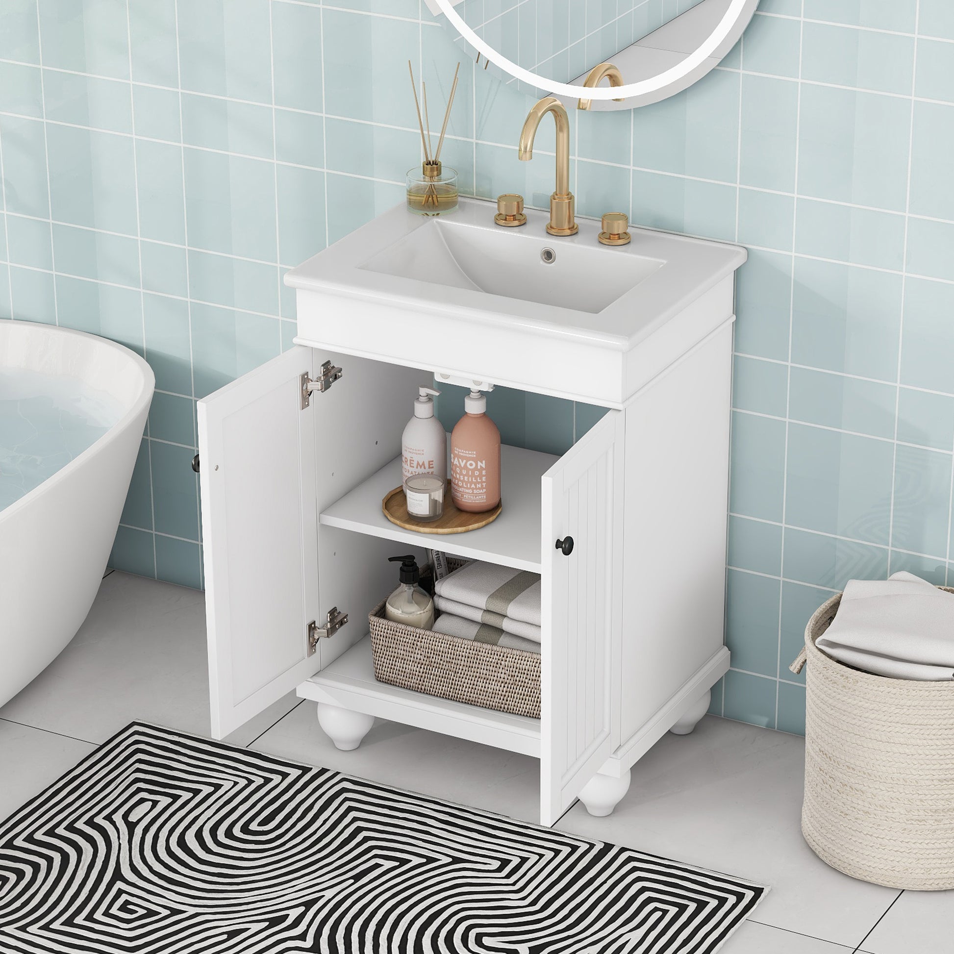 24" White Modern Sleek Bathroom Vanity Elegant Ceramic Sink With Solid Wood Frame, Adjustable Shelf White Solid Wood Mdf