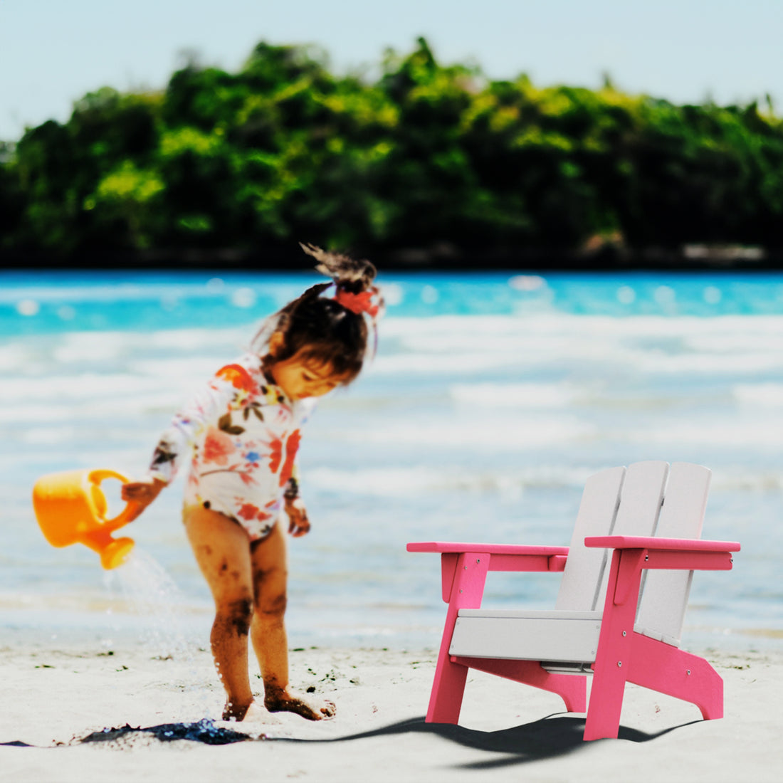 Hdpe Kid'S Size Adirondack Chair, Kidproof Ultra Durable Weather Resistant Design, White And Pink White Hdpe